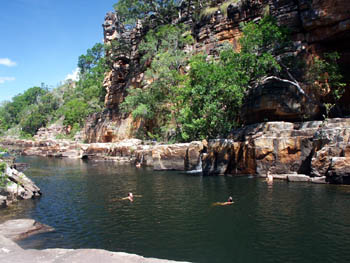 Swim stop, upper Twin Falls Gorge. The small waterfall shown in the photo is normally dry by the end of June.