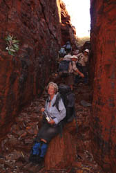Climbing out of Wittenoom Gorge. There is only one break in the cliffs and we know where it is.