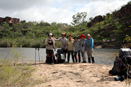 Group photo after floating packs across Twin Falls Creek, Kakadu Super Circle, January. Rob Ridgwell, far left, took the photo with a time delay and his camera on a tripod.